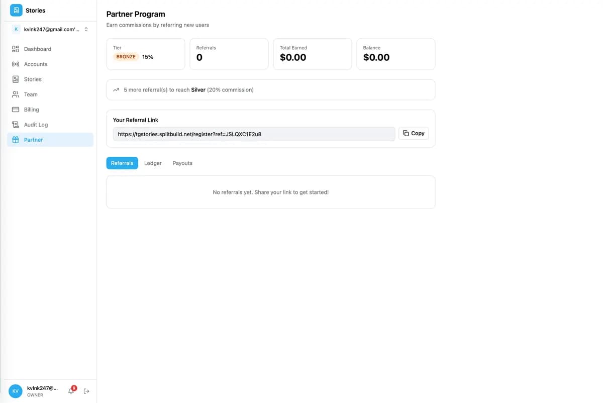 Referral program with referral link, tiers, and commission tracking.