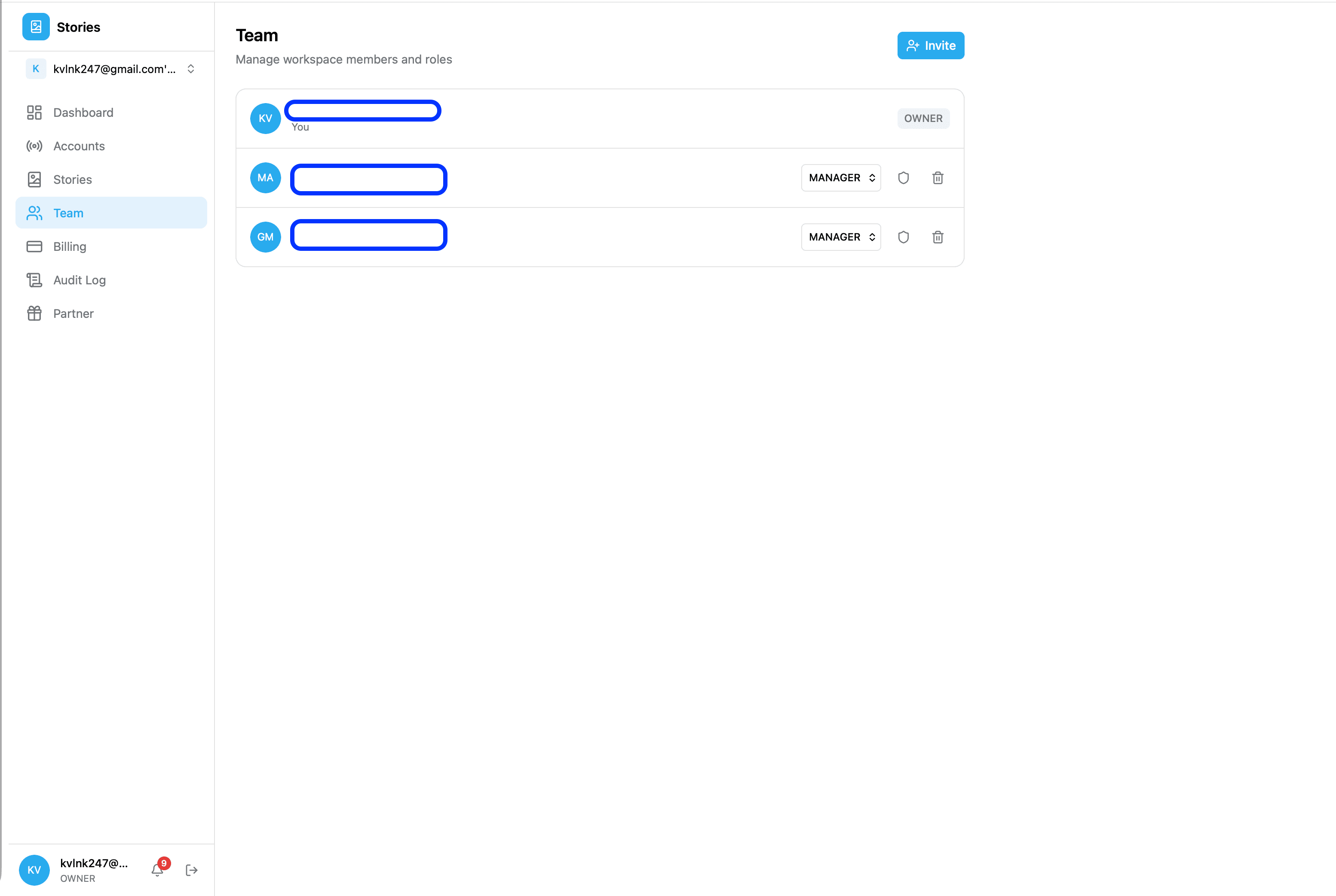 Управление командой: роли владельца и менеджера с гранулярным доступом к аккаунтам.