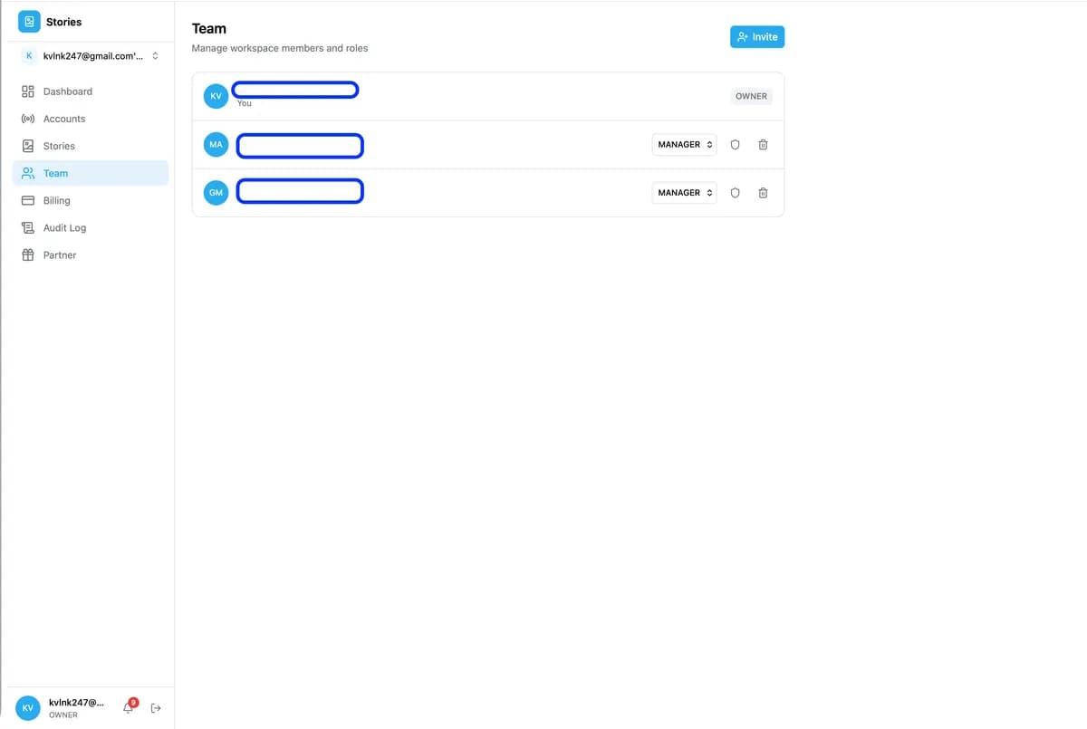 Team management: owner and manager roles with granular account access.