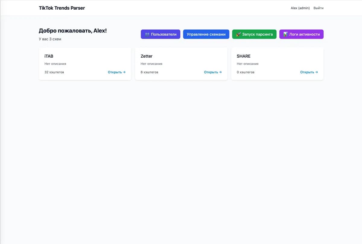 Main dashboard with parsing scheme overview and administration buttons.